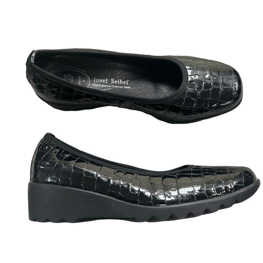 JOSEF SEIBEL Airped Black Croc Embossed Leather Wedge Shoe Women's Size EU 37